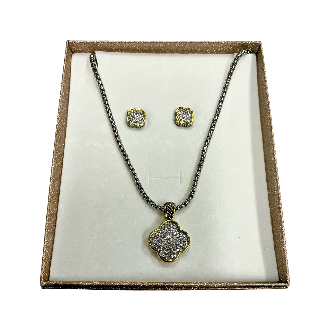 Pave Clover Rope Necklace and Earring Set