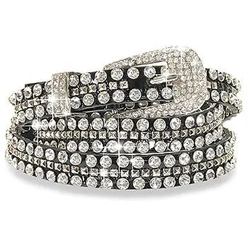 Leather Rhinestone Skinny Belt- Black