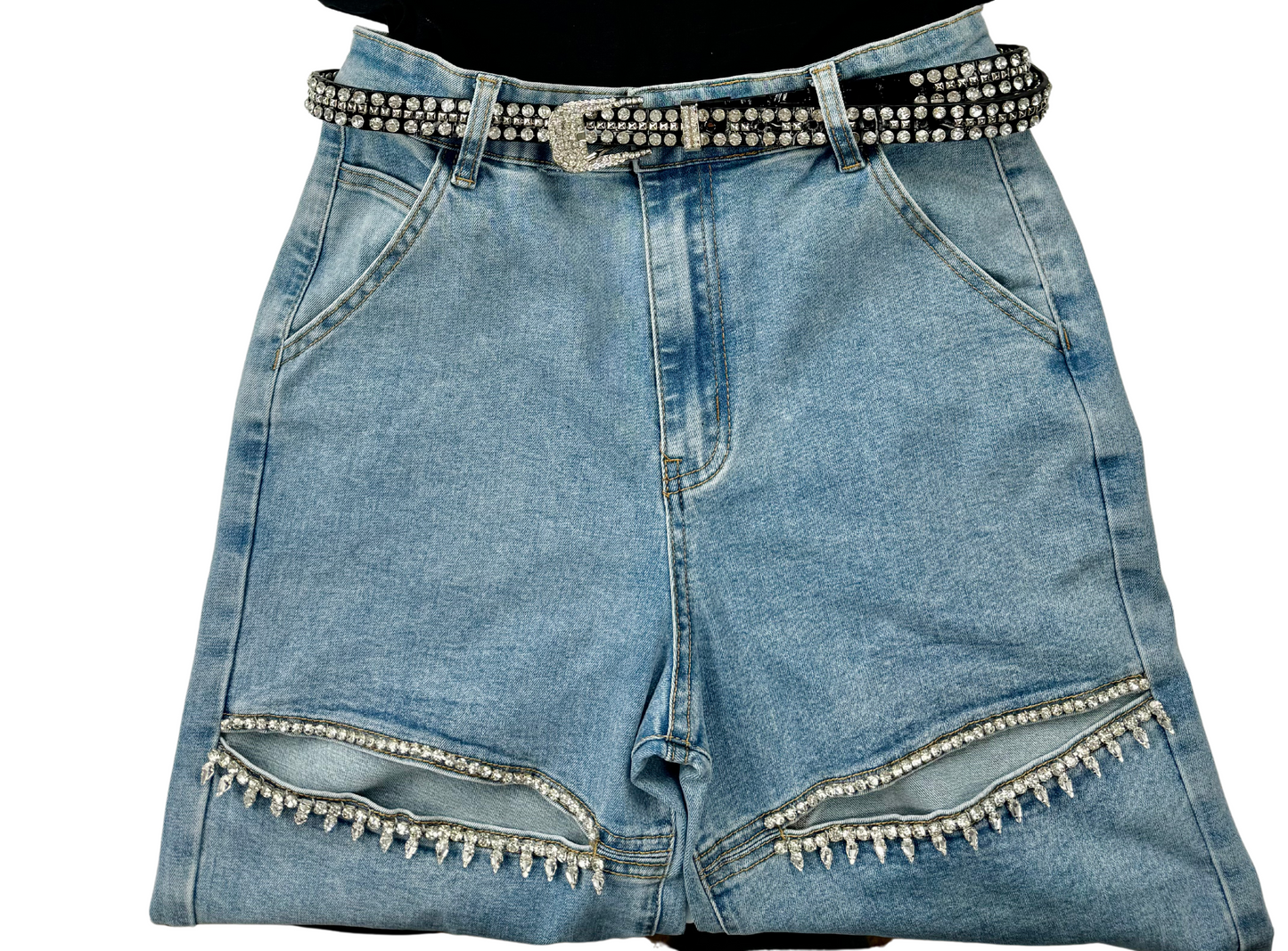 Leather Rhinestone Skinny Belt- Black