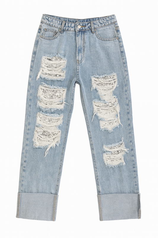 Sequin Distressed Jeans